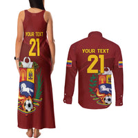 Venezuela Football Custom Couples Matching Tank Maxi Dress and Long Sleeve Button Shirt La Vinotinto Red Wine Coat of Arms