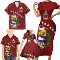 Venezuela Football Custom Family Matching Short Sleeve Bodycon Dress and Hawaiian Shirt La Vinotinto Red Wine Coat of Arms