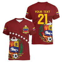 Venezuela Football Custom Women V-Neck T-Shirt La Vinotinto Red Wine Coat of Arms