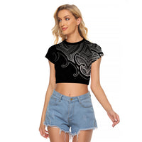 Aotearoa Polynesian Raglan Cropped T Shirt with Maori Koru Black - Wonder Print Shop
