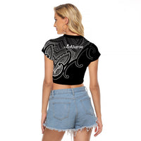 Aotearoa Polynesian Raglan Cropped T Shirt with Maori Koru Black - Wonder Print Shop
