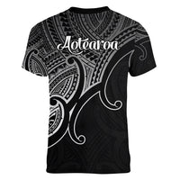 Aotearoa Polynesian Women V Neck T Shirt with Maori Koru Black - Wonder Print Shop
