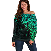 Aotearoa Polynesian Off Shoulder Sweater with Maori Koru Green - Wonder Print Shop