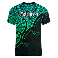 Aotearoa Polynesian Women V Neck T Shirt with Maori Koru Green - Wonder Print Shop