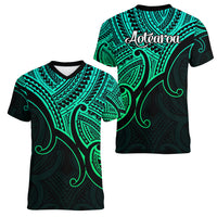 Aotearoa Polynesian Women V Neck T Shirt with Maori Koru Green - Wonder Print Shop