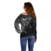 Custom Aotearoa Polynesian Off Shoulder Sweater with Maori Koru Black - Wonder Print Shop