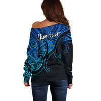 Custom Aotearoa Polynesian Off Shoulder Sweater with Maori Koru Blue - Wonder Print Shop