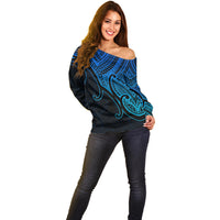 Custom Aotearoa Polynesian Off Shoulder Sweater with Maori Koru Blue - Wonder Print Shop