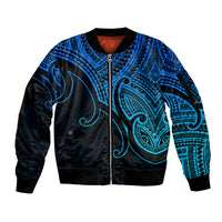Custom Aotearoa Polynesian Sleeve Zip Bomber Jacket with Maori Koru Blue - Wonder Print Shop
