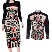 Personalized Canada Indigenous Haida Art Couples Matching Long Sleeve Bodycon Dress and Long Sleeve Button Shirt LT9 - Wonder Print Shop