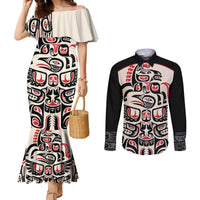 Personalized Canada Indigenous Haida Art Couples Matching Mermaid Dress and Long Sleeve Button Shirt