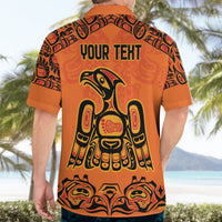 Orange Hawaiian shirt with back totem graphic and “YOUR TEXT” print, short sleeves.