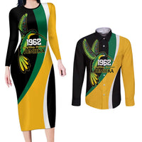 Jamaica Independence Day Personalized Couples Matching Long Sleeve Bodycon Dress and Long Sleeve Button Shirt Green and Yellow Tribal Hummingbird - Wonder Print Shop