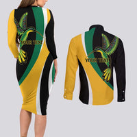 Jamaica Independence Day Personalized Couples Matching Long Sleeve Bodycon Dress and Long Sleeve Button Shirt Green and Yellow Tribal Hummingbird - Wonder Print Shop