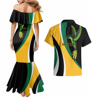 Jamaica Independence Day Personalized Couples Matching Mermaid Dress and Hawaiian Shirt Green and Yellow Tribal Hummingbird - Wonder Print Shop