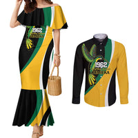 Jamaica Independence Day Personalized Couples Matching Mermaid Dress and Long Sleeve Button Shirt Green and Yellow Tribal Hummingbird - Wonder Print Shop