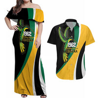 Jamaica Independence Day Personalized Couples Matching Off Shoulder Maxi Dress and Hawaiian Shirt Green and Yellow Tribal Hummingbird - Wonder Print Shop