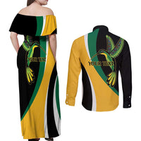Jamaica Independence Day Personalized Couples Matching Off Shoulder Maxi Dress and Long Sleeve Button Shirt Green and Yellow Tribal Hummingbird - Wonder Print Shop