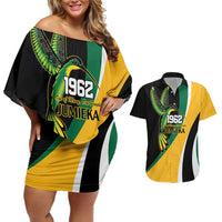 Jamaica Independence Day Personalized Couples Matching Off Shoulder Short Dress and Hawaiian Shirt Green and Yellow Tribal Hummingbird - Wonder Print Shop