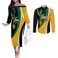 Jamaica Independence Day Personalized Couples Matching Off The Shoulder Long Sleeve Dress and Long Sleeve Button Shirt Green and Yellow Tribal Hummingbird - Wonder Print Shop