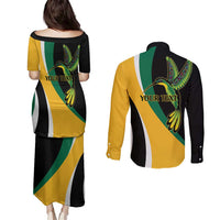 Jamaica Independence Day Personalized Couples Matching Puletasi and Long Sleeve Button Shirt Green and Yellow Tribal Hummingbird - Wonder Print Shop