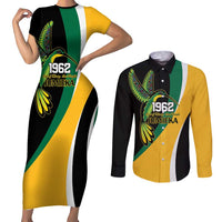 Jamaica Independence Day Personalized Couples Matching Short Sleeve Bodycon Dress and Long Sleeve Button Shirt Green and Yellow Tribal Hummingbird - Wonder Print Shop