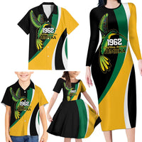 Jamaica Independence Day Personalized Family Matching Long Sleeve Bodycon Dress and Hawaiian Shirt Green and Yellow Tribal Hummingbird - Wonder Print Shop