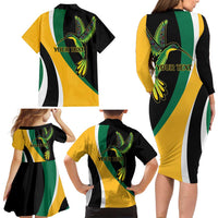 Jamaica Independence Day Personalized Family Matching Long Sleeve Bodycon Dress and Hawaiian Shirt Green and Yellow Tribal Hummingbird - Wonder Print Shop