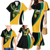 Jamaica Independence Day Personalized Family Matching Mermaid Dress and Hawaiian Shirt Green and Yellow Tribal Hummingbird - Wonder Print Shop