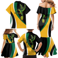 Jamaica Independence Day Personalized Family Matching Mermaid Dress and Hawaiian Shirt Green and Yellow Tribal Hummingbird - Wonder Print Shop