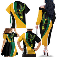 Jamaica Independence Day Personalized Family Matching Off The Shoulder Long Sleeve Dress and Hawaiian Shirt Green and Yellow Tribal Hummingbird - Wonder Print Shop