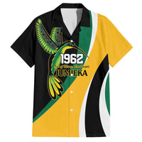 Jamaica Independence Day Personalized Family Matching Off The Shoulder Long Sleeve Dress and Hawaiian Shirt Green and Yellow Tribal Hummingbird - Wonder Print Shop