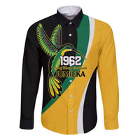 Jamaica Independence Day Personalized Family Matching Off The Shoulder Long Sleeve Dress and Hawaiian Shirt Green and Yellow Tribal Hummingbird - Wonder Print Shop