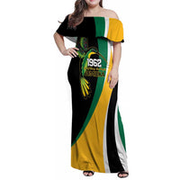 Jamaica Independence Day Personalized Family Matching Off Shoulder Maxi Dress and Hawaiian Shirt Green and Yellow Tribal Hummingbird - Wonder Print Shop