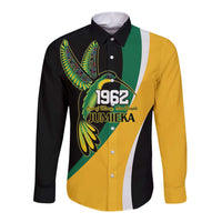Jamaica Independence Day Personalized Long Sleeve Button Shirt Green and Yellow Tribal Hummingbird - Wonder Print Shop