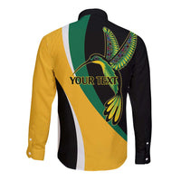 Jamaica Independence Day Personalized Long Sleeve Button Shirt Green and Yellow Tribal Hummingbird - Wonder Print Shop