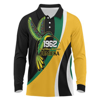 Jamaica Independence Day Personalized Long Sleeve Polo Shirt Green and Yellow Tribal Hummingbird - Wonder Print Shop