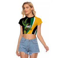 Jamaica Independence Day Personalized Raglan Cropped T Shirt Green and Yellow Tribal Hummingbird - Wonder Print Shop