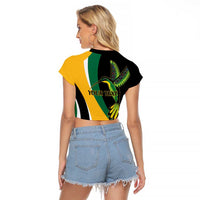 Jamaica Independence Day Personalized Raglan Cropped T Shirt Green and Yellow Tribal Hummingbird - Wonder Print Shop