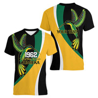 Jamaica Independence Day Personalized Women V-Neck T-Shirt Green and Yellow Tribal Hummingbird - Wonder Print Shop