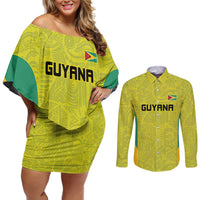 Golden Jaguars Football Custom Couples Matching Off Shoulder Short Dress and Long Sleeve Button Shirt Proud of Guyana - Wonder Print Shop