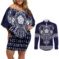 Vikings from Yorkshire Couples Matching Off Shoulder Short Dress and Long Sleeve Button Shirt Blue Spirit of Jorvik - Wonder Print Shop