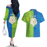 Yorkshire Heritage Personalized Couples Matching Off The Shoulder Long Sleeve Dress and Hawaiian Shirt East Yorkshire White Rose - Wonder Print Shop