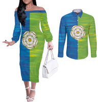 Yorkshire Heritage Personalized Couples Matching Off The Shoulder Long Sleeve Dress and Long Sleeve Button Shirt East Yorkshire White Rose - Wonder Print Shop