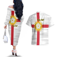 Yorkshire Heritage Personalized Couples Matching Off The Shoulder Long Sleeve Dress and Hawaiian Shirt West Yorkshire White Rose - Wonder Print Shop