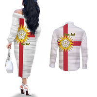 Yorkshire Heritage Personalized Couples Matching Off The Shoulder Long Sleeve Dress and Long Sleeve Button Shirt West Yorkshire White Rose - Wonder Print Shop