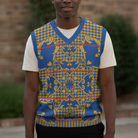 Cobalt Blue Hearts Crown Traditional Geometry Christmas Knitted V-Neck Vest Seanamarena Basotho Blanket Inspired