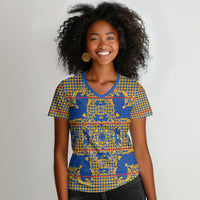 Cobalt Blue Hearts Crown Traditional Geometry Women V-Neck T-Shirt Seanamarena Basotho Blanket Inspired