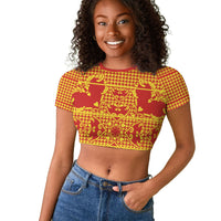 Scarlet Red Hearts Crown Traditional Geometry Raglan Cropped T shirt Seanamarena Basotho Blanket Inspired