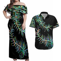 New Zealand Couples Matching Off Shoulder Maxi Dress and Hawaiian Shirt Aotearoa Silver Fern Mixed Papua Shell Green Vibe LT9 - Wonder Print Shop